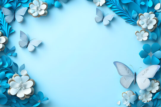 blue color frame of clover leaves view butterflies 3d background landscape wallpaper