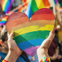 person holding a rainbow colorful heart shape - pride LGBT, Hand Holding Rainbow-Painted Heart at Pride Event
