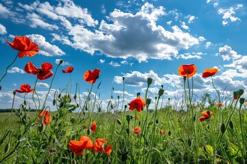 Idyllic summer landscape with red poppies in meadow under blue sky, nature photography