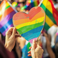 person holding a rainbow colorful heart shape - pride LGBT, Hand Holding Rainbow-Painted Heart at Pride Event
