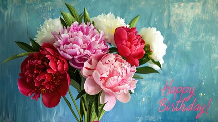 a birthday celebration with a vibrant bouquet of red, pink, or white peonies, accompanied by the cheerful message Happy Birthday.