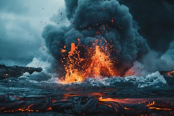 Intense explosion with billowing dark smoke and glowing red lava