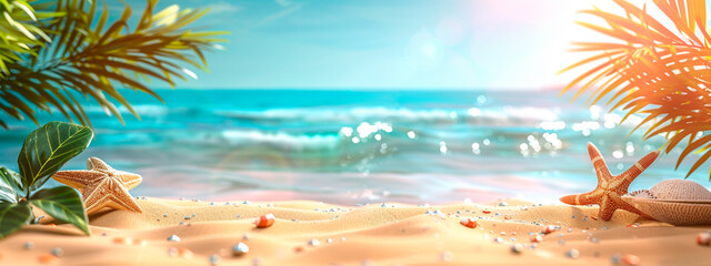 starfish and shells on the seashore. selective focus.