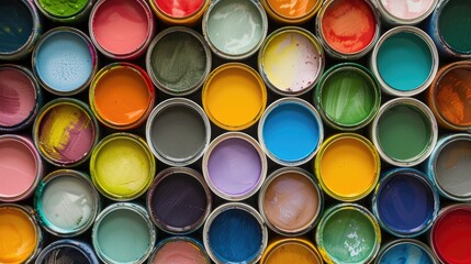 a large collection of paint cans in various colors are meticulously stacked to form rich in pattern and texture, spotlighting the arrangement of these can-shaped painting accessories.