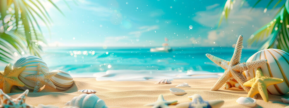 starfish and shells on the seashore. selective focus.