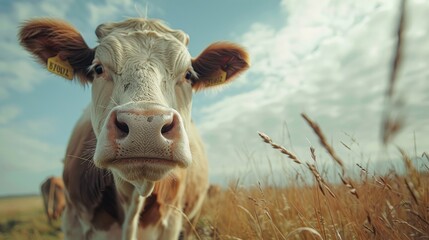 Brown and White Cow in Golden Field, on right of image - obrazy, fototapety, plakaty