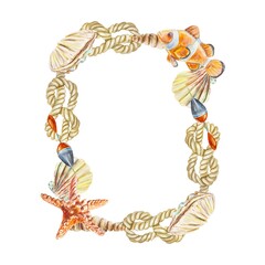 Marine frame, watercolor, vertical. Rope, shells, starfish. Hand drawn illustration on white background. For cards, invitations, nautical banners.
