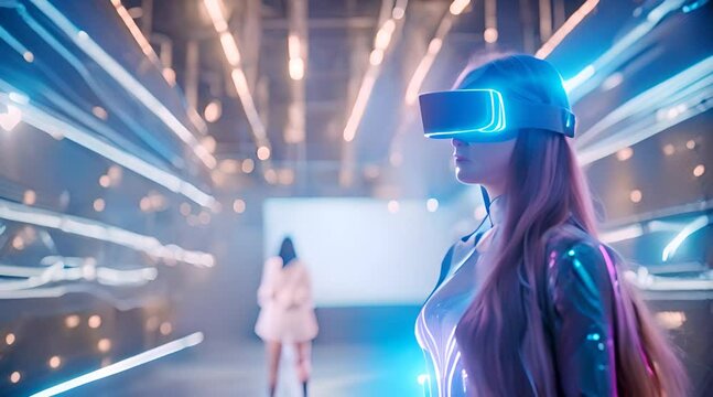 Hologram woman in futuristic costume with flowing hair. Female in modern VR glasses interacting with network while having virtual reality experience