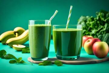 Glass with Green Fresh Smoothie from Leafy Greens Vegetables Fruits