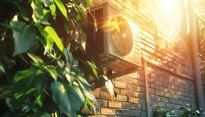 Efficient Home Heating, Wall-mounted Heat Pump Integrated with Sunlight and Lush Greenery - obrazy, fototapety, plakaty