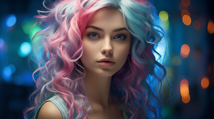 Obraz na płótnie Canvas Beautiful image of a beautiful sensual blonde with delicate makeup, sensual lips, delicate skin and multi-colored hair, on a colorful fantasy background. 