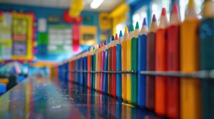 Obraz premium Colorful Pencils Lined Up on Classroom Shelf