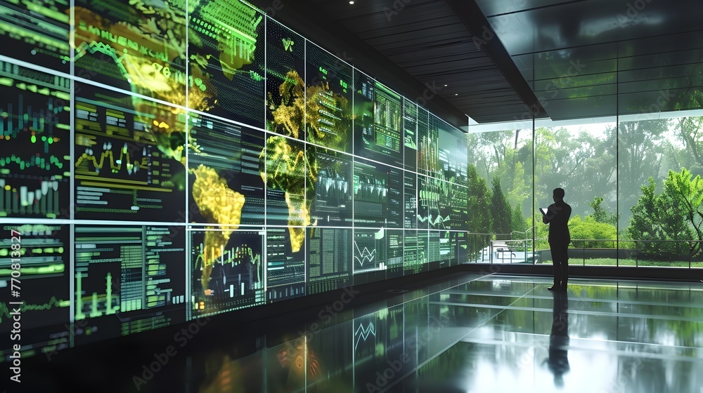 Poster cutting-edge esg data analytics platform with futuristic holographic elements showcasing green tech 
