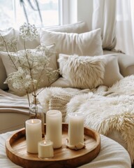 A cozy living room with soft, fluffy white throw pillows and beige blankets on the sofa. A wooden tray holding candles sits beside it, creating an atmosphere of warmth and comfort