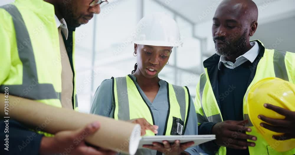 Poster construction, black people and tablet with planning and civil engineering with project management. c