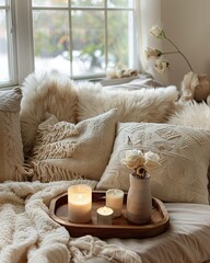 A cozy living room with soft, fluffy white throw pillows and beige blankets on the sofa. A wooden tray holding candles sits beside it, creating an atmosphere of warmth and comfort