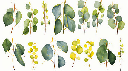 Green and yellow eucalyptus leaves in watercolor style, detailed and realistic, isolated on transparent or white background - obrazy, fototapety, plakaty