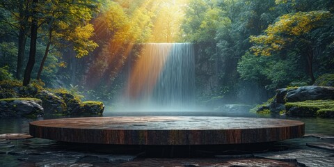 Wooden platform in the midst of waterfall with rainbow