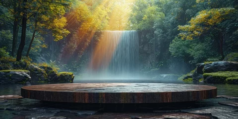 Fotobehang Wooden platform in the midst of waterfall with rainbow © YuDwi Studio