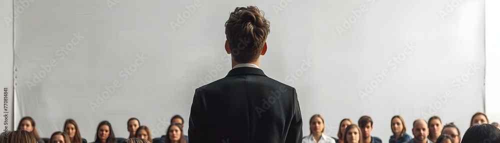 Poster confident and authoritative speaker leading a public speaking workshop for an attentive audience in 