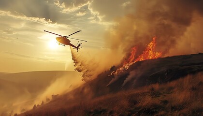 Firefighter helicopter extinguishes fire on hill - obrazy, fototapety, plakaty