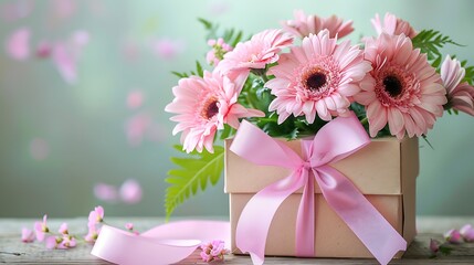 Bouquet of pink flowers with a gift box wrapped with a pink ribbon
