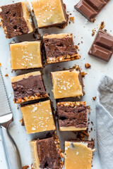 Above view of delicious salted caramel brownies in a checkered pattern.