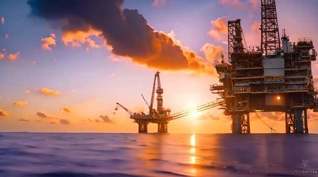 Large Offshore oil rig drilling platform at sunset and beautiful sky