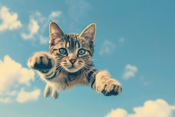 Superhero tabby cat soaring through the sky with a determined look