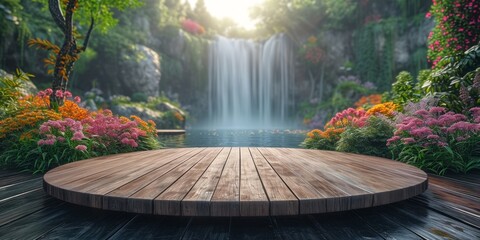 podium floor in outdoors waterfall green leaf tropical forest nature background. natural healthy...
