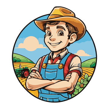 vector a happy farmer in circle frame on white background