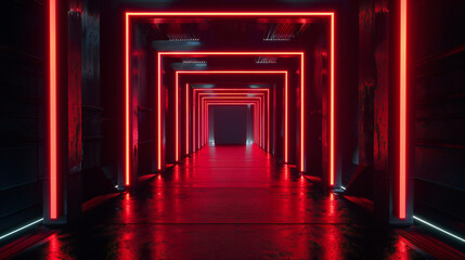Fototapeta premium Neon Laser Fluorescent Red Blue Glowing Sci Fi Futuristic Warehouse Hangar Spaceship Realistic Showroom Steel Metal Frame Corridor Tunnel Dark Underground