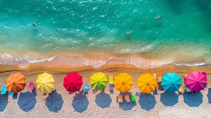 Top view of Beach of colorful umbrellas dotting the shoreline, lively and picturesque scene.