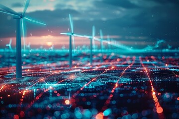 Innovative AI tools used for predicting renewable energy outputs, showcased in a sleek, Windmills cut through rain-soaked red and blue data fields, showcasing the stormy energy landscape of tomorrow. - obrazy, fototapety, plakaty