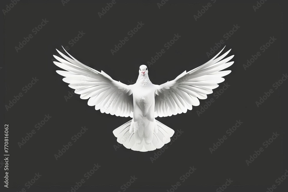 Wall mural white dove with open wings symbolizing the holy spirit, black background, religious illustration