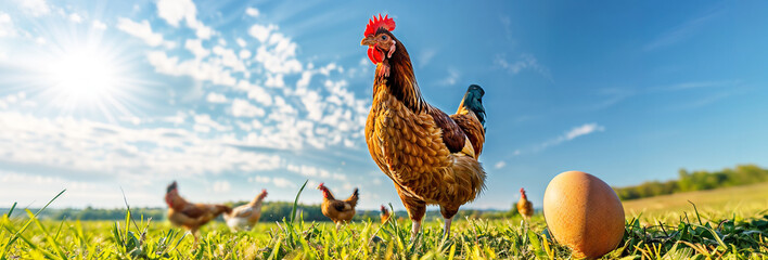 Free range organic bio chicken farming laying egg, healthy hen outdoor hd - obrazy, fototapety, plakaty