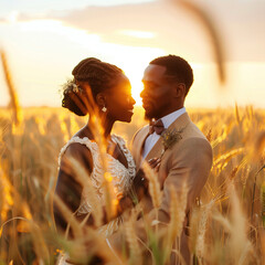 Wedding photo shooting - Couple Embracing in Golden Wheat Field at Sunset, the sunset casting a warm glow on their loving encounter.
