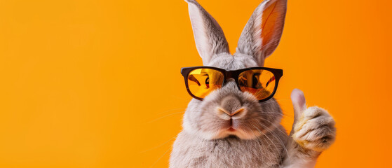 A humorous capture of a grey rabbit with trendy sunglasses on, making a thumbs up gesture against an orange backdrop