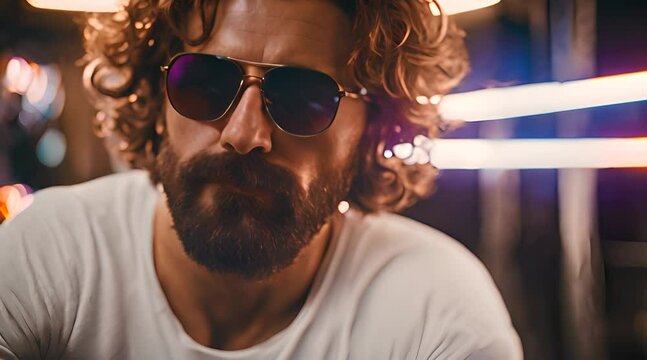 Neon light studio close-up portrait of serious man model with mustaches and beard in sunglasses and white t-shirt