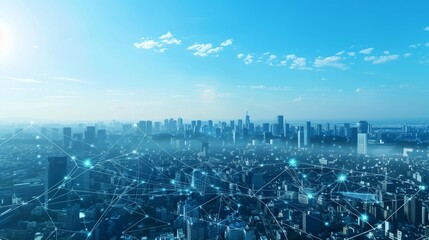 Digital Connectivity Over Urban Horizons: A High-Definition Aerial Shot of a Cityscape Intertwined with Network Diagram Graphics Under the Clear Blue Sky.