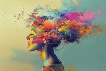 Mental health and mindfulness concept, colorful illustration of happy woman's head with paint splatter effect - obrazy, fototapety, plakaty