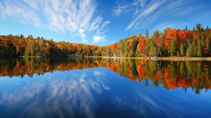 Autumn Brilliance Reflected in Forest Lake - An autumnal panorama unfolds as a forest ablaze with orange and red foliage reflects in the tranquil waters of a lake, under the clear blue sky.