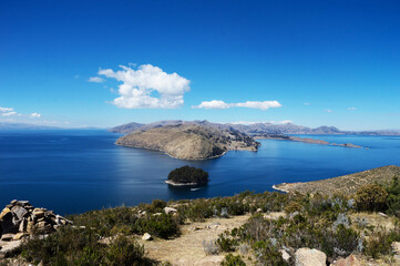 Landscape composed of islands near the Sun Island in Lake Titicaca in Bolivia