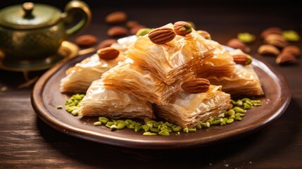 Baklava snack typical Turkish snack on a wooden tray on the table.
