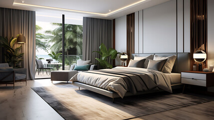 Illustration of contemporary bedroom design with the latest trending style. Lighting in the room from the wide window on the side of the room