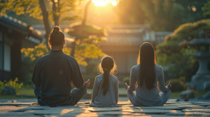 family is doing meditation in the zen garden on the evening golden hour - peaceful mind, good metal health