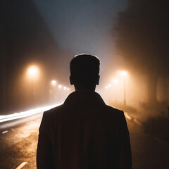 Homme de dos dans une rue  dans la brume - obrazy, fototapety, plakaty