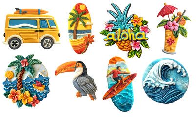Fototapeta premium Refrigerator magnets decoration set. Surf, Beach, vacation, tropical life set