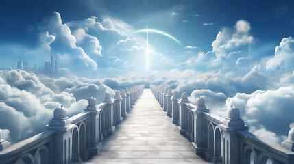 Image of Bridge to Heaven Among the Clouds with Bright Blue Sky Background