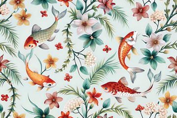 Obraz premium Japanese Inspired Seamless Vector Pattern: Floral Design with Koi Fish and Tropical Branches